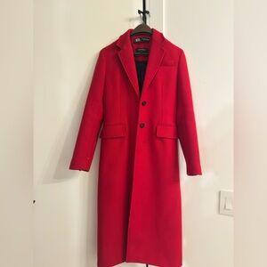 Zara Red Trench Coat with Notched Lapel and Full-Length Design